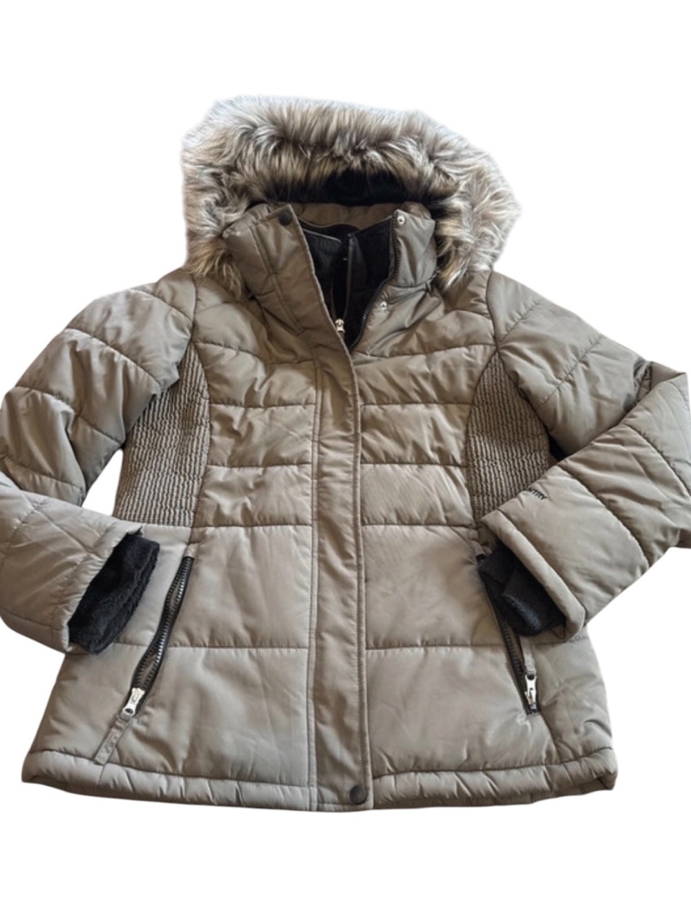 Free Country Taupe Quilted Puffer Jacket with Faux Fur Hood